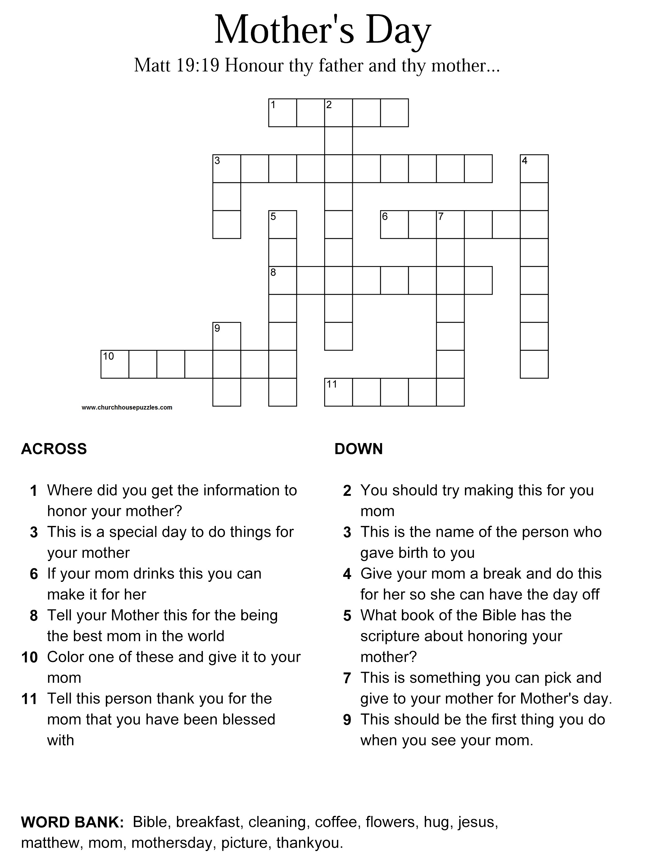 Gambar Mother Day Crossword Puzzle Print Preview Christian Coloring ...