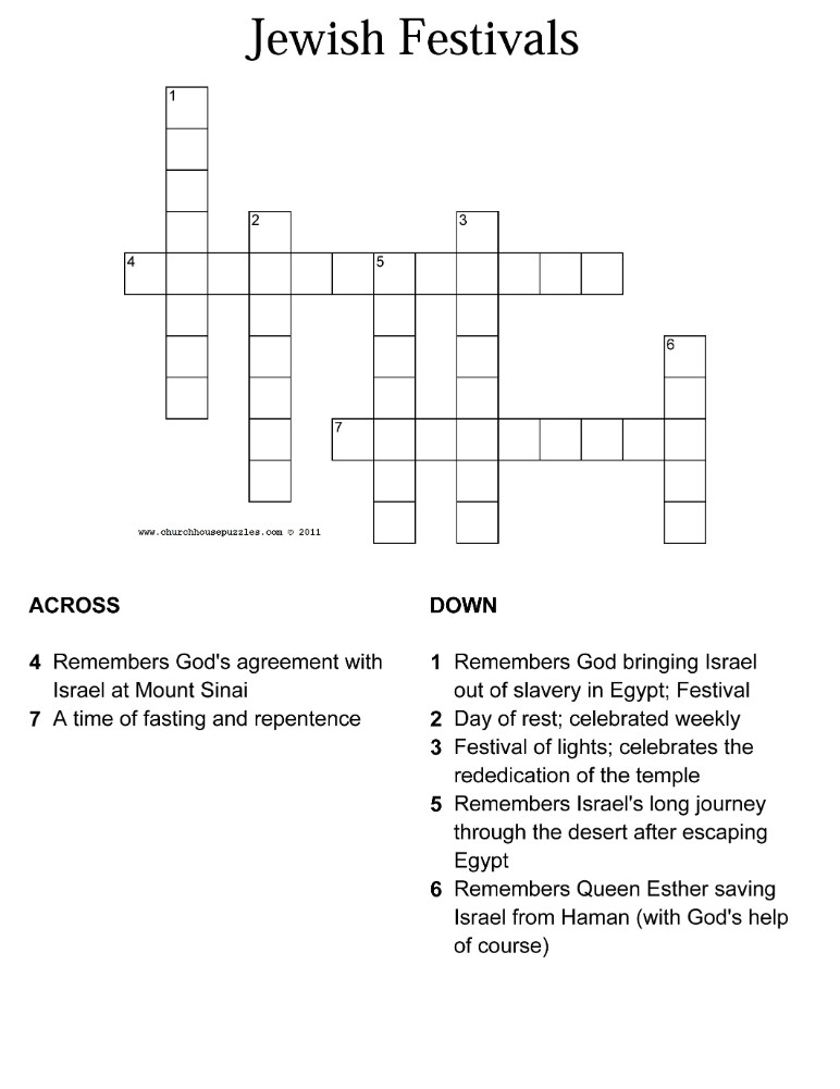 Jewish Festivals Crossword Puzzle