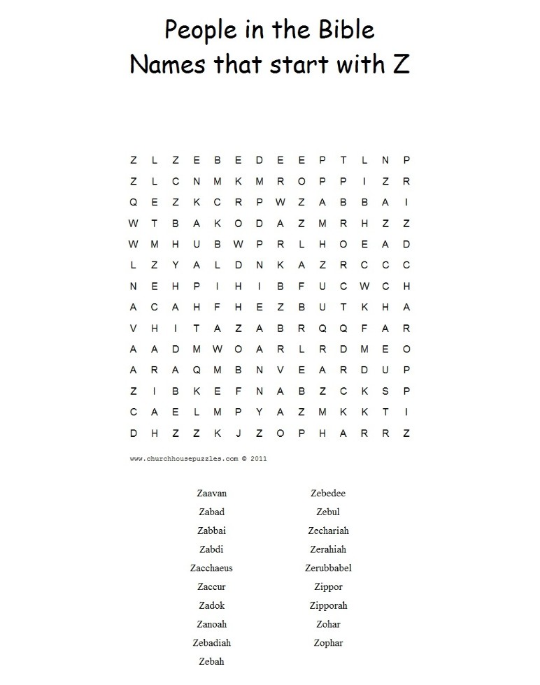 Names That Start With Z Word Search Puzzle